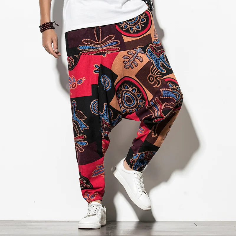 Prints Cotton Joggers Men Baggy Hippie Boho Drop Pants