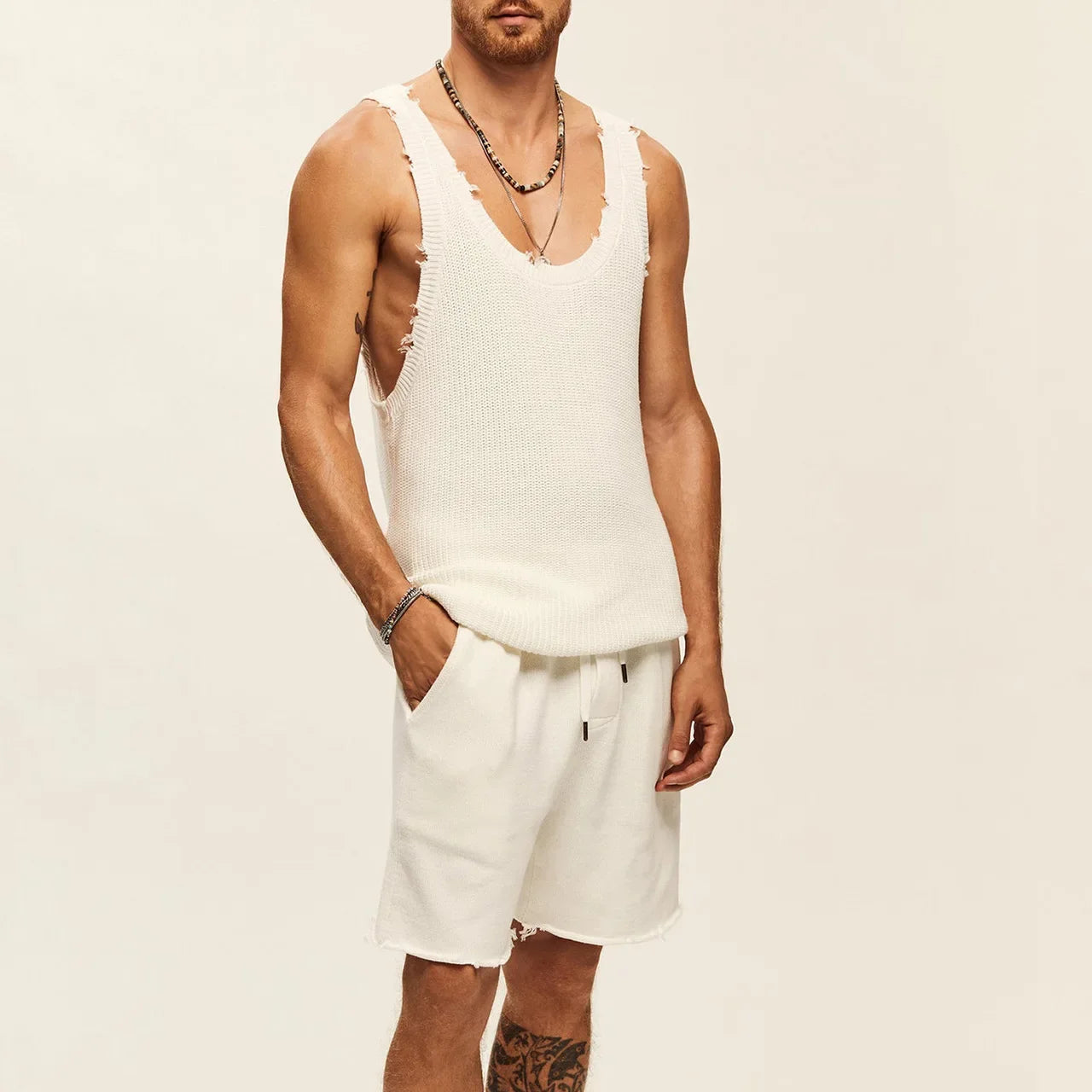 Men's Suit Two-piece Sets Knitted Sleeveless Tank Top Shorts Casual Sports Fashion Suit Streetwear Men's Fashion Tracksuit WHITE