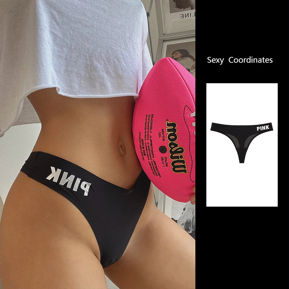 Pink Letter Ice Silk Sports Thong Thin Sexy Women Underwear Summer Breathable Traceless Panties Fitness Seamless Briefs Black