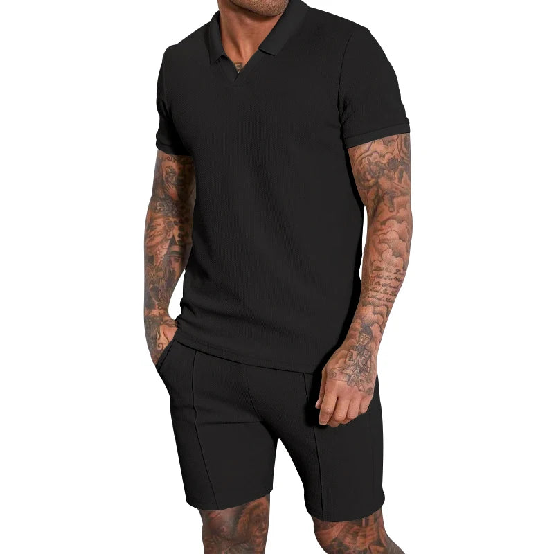 2024 Summer New Waffle V-neck Short sleeved Shorts Two piece Set with Polo Polo Set for Men black