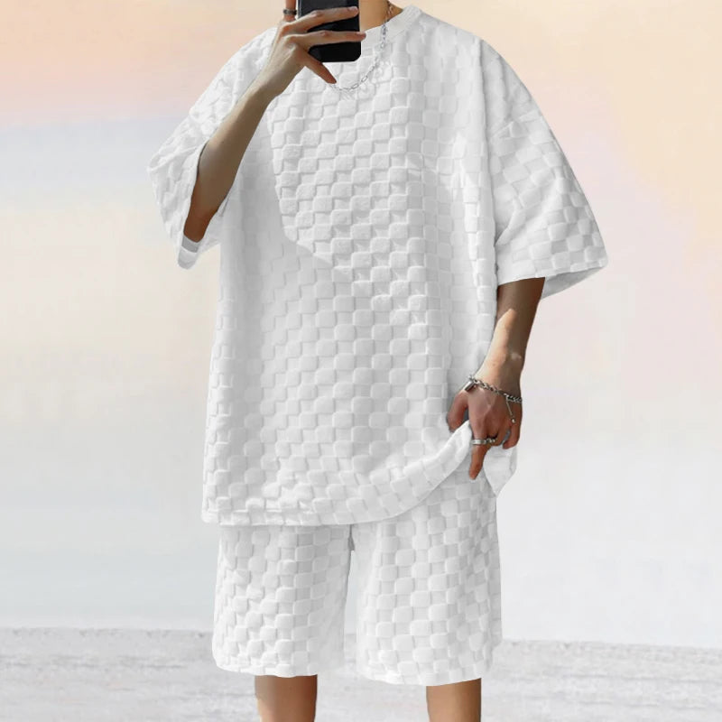 2024 Spring/Summer Trendy Brand New Men's Checkerboard Loose Sports and Leisure Two Piece Set for Men white