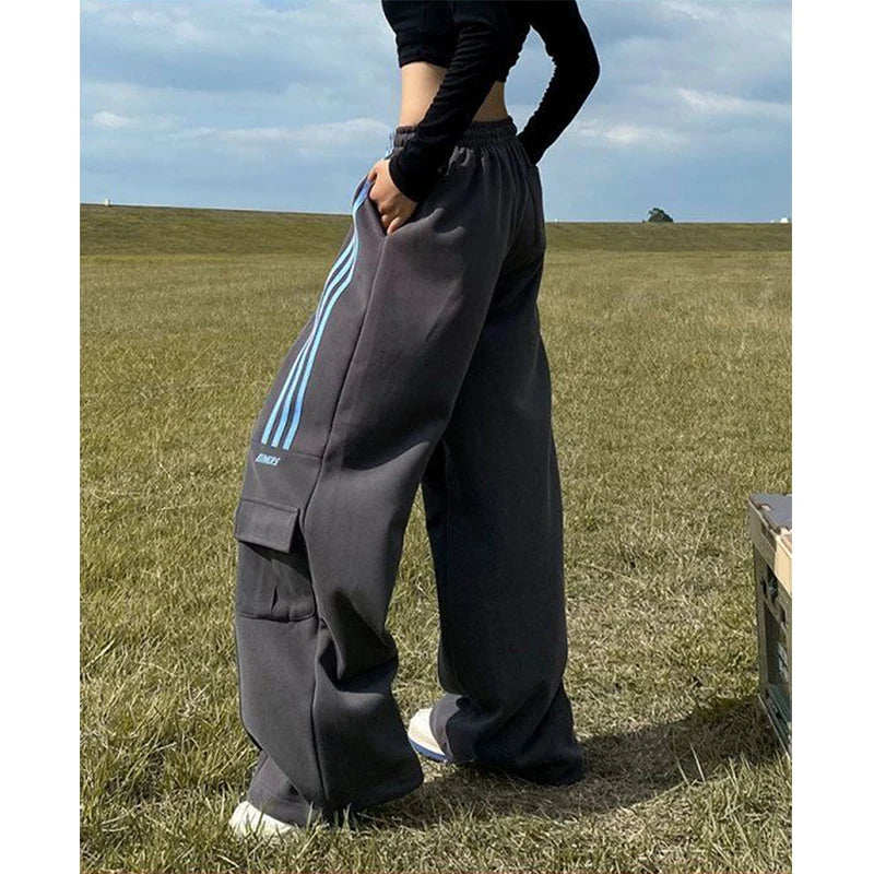 Oversized Striped Sweatpants Women Y2K Streetwear Cargo Pants Harajuku Wide Leg Joggers High Waist Baggy Sports Trousers