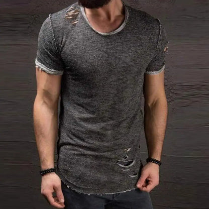 Cotton Blend Stylish Hole Design Top Pullover Cloth Men Shirt Solid Color