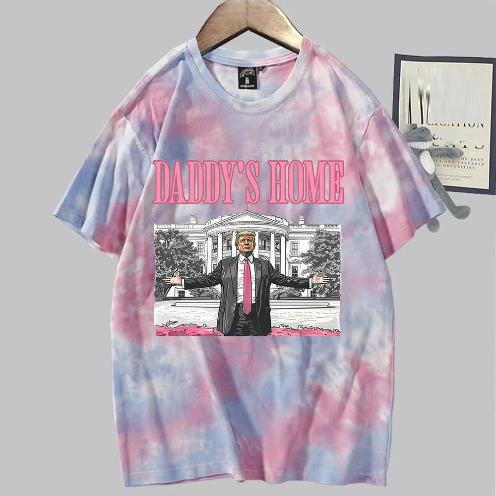 Daddy's Home President 2024 Tie Dye Tops Shirts Unisex Round Neck Short Sleeve Tee MAGA Gift purple