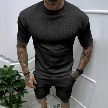 Summer New Men's Pullover Round Neck T-shirt Sports Casual Top Men's Short sleeved Shorts Set Black