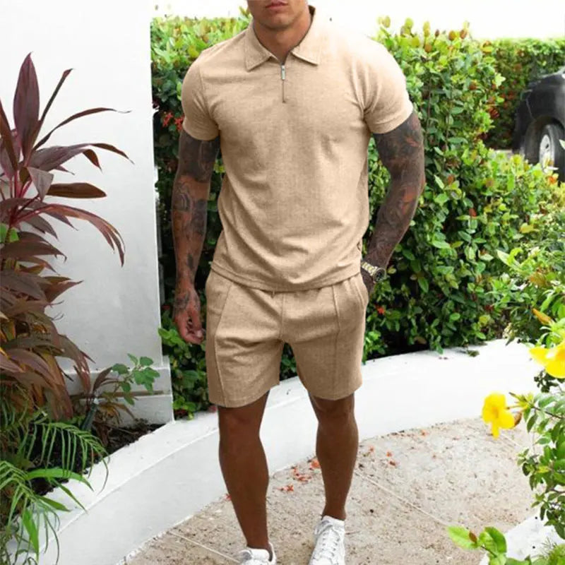 Summer Clothing Men's Luxury Tracksuit Set Casual Short Sleeve Solid Color Polo Shirt+Shorts Streetwear 2 Piece Suit 2024 New Khaki