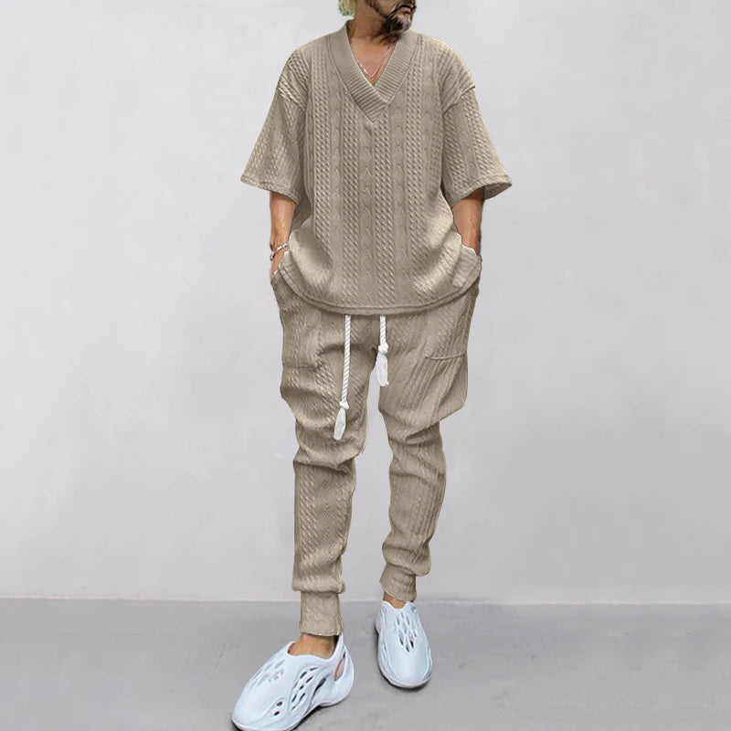 New Casual Loose 7/4 Sleeve Jacquard Knitted Shirt Top Long Pants Men's Set khaki