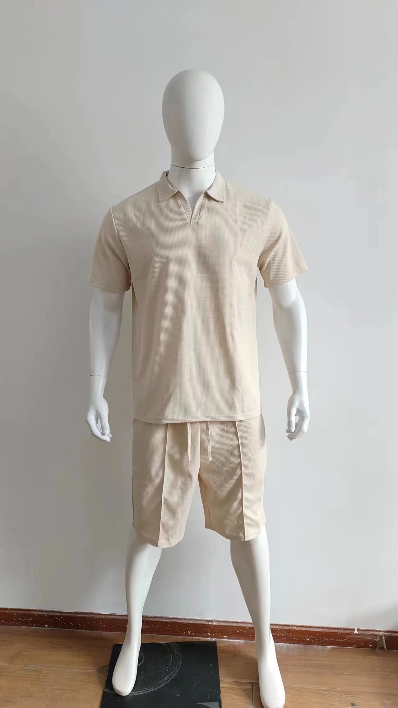 2024 Summer New Waffle V-neck Short sleeved Shorts Two piece Set with Polo Polo Set for Men