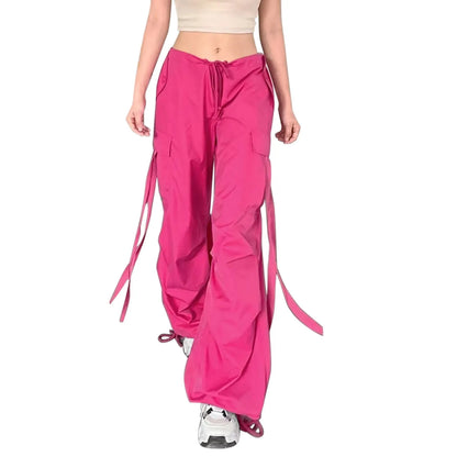 Y2k Cargo Pants Women Fashion Streetwear Wide Leg High Waist Straight Trousers Overalls Baggy Pants With Pockets Korean Style Hot Pink CN