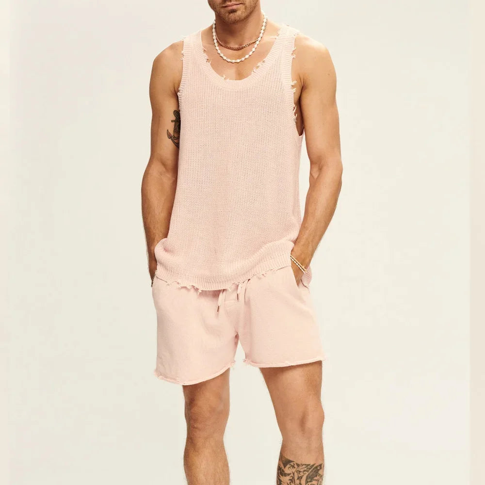 Men's Suit Two-piece Sets Knitted Sleeveless Tank Top Shorts Casual Sports Fashion Suit Streetwear Men's Fashion Tracksuit