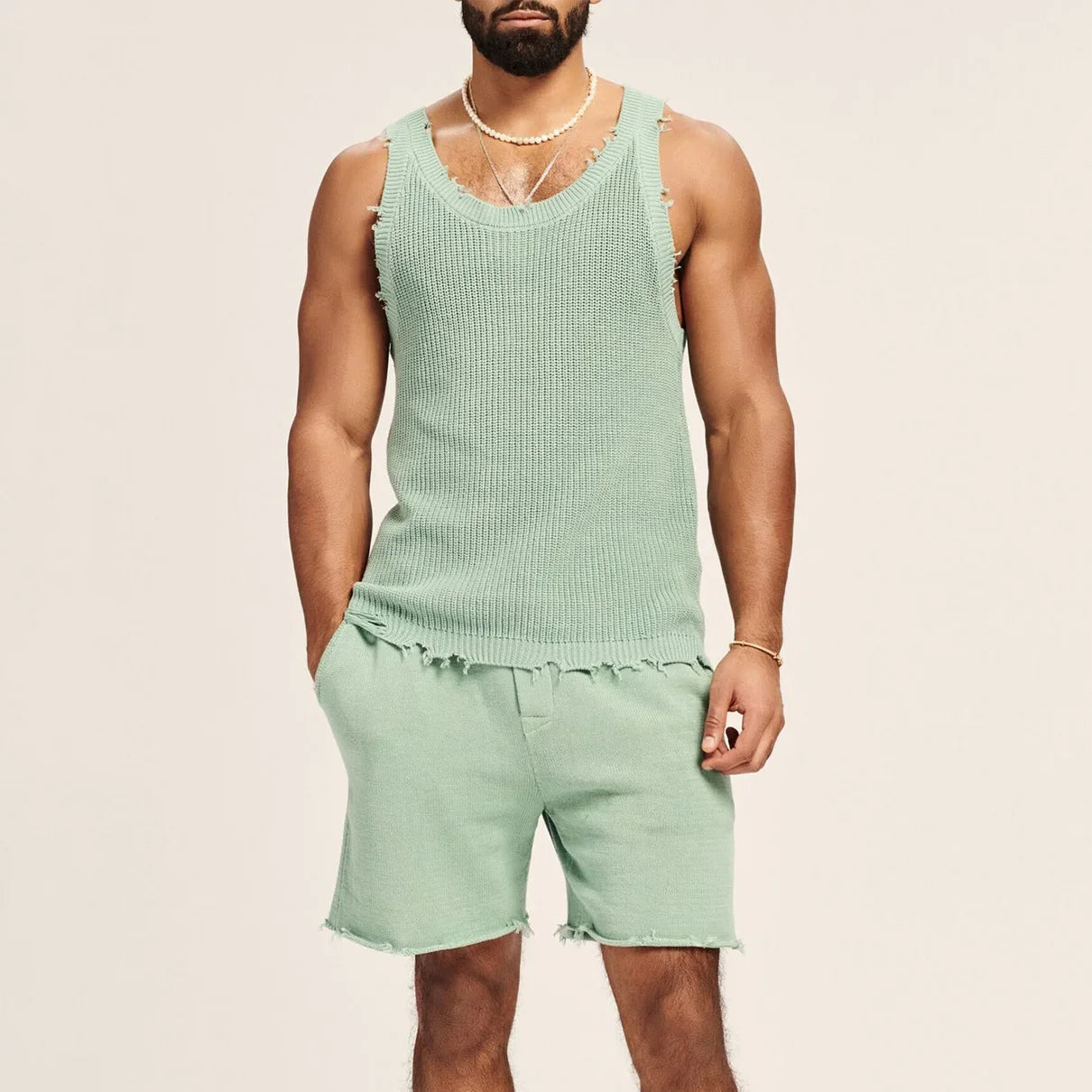 Men's Suit Two-piece Sets Knitted Sleeveless Tank Top Shorts Casual Sports Fashion Suit Streetwear Men's Fashion Tracksuit Light Green