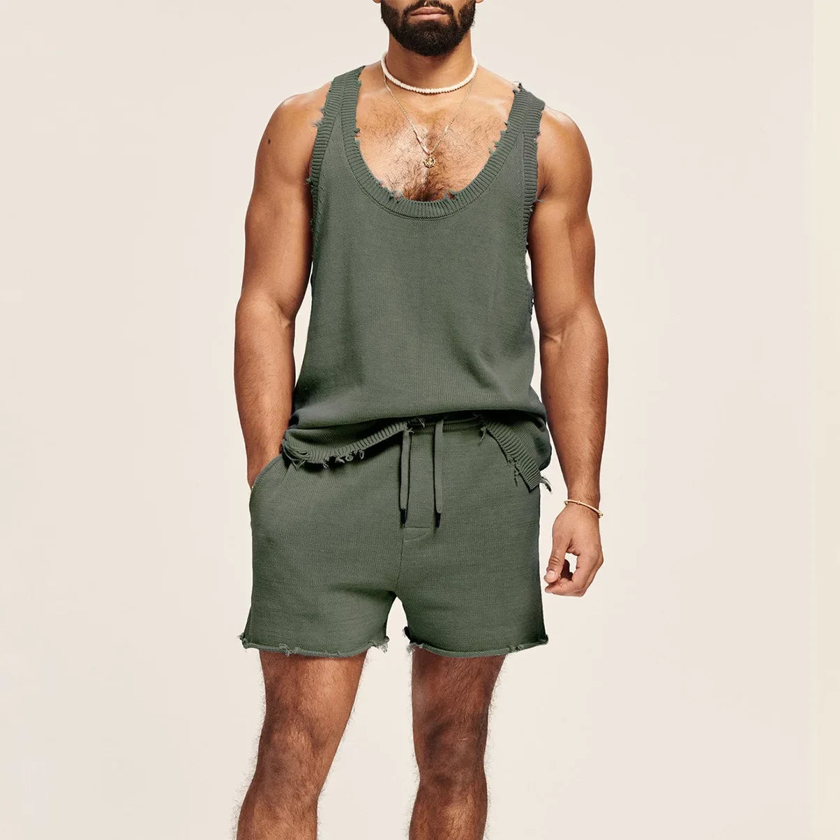 Men's Suit Two-piece Sets Knitted Sleeveless Tank Top Shorts Casual Sports Fashion Suit Streetwear Men's Fashion Tracksuit army green