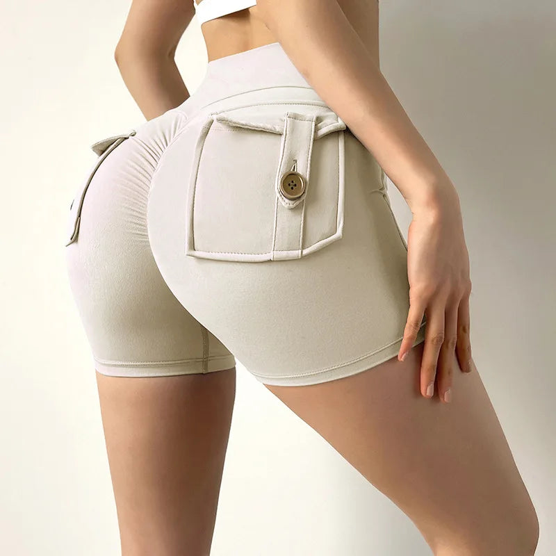 Women Sport Shorts Pockets Gym Sexy High Waist Workout Push Up Booty Scrunch Biker Shorts Pants Fitness Cycling Tights Ivory white