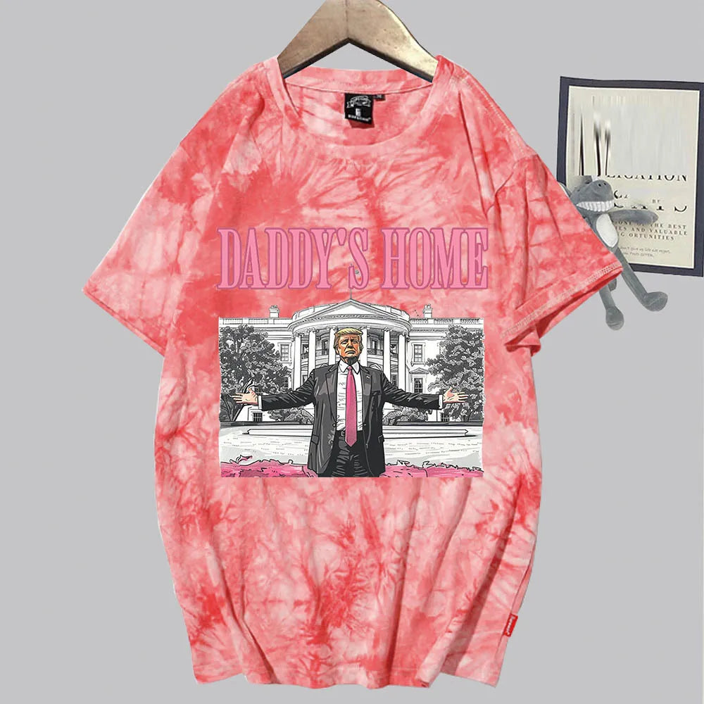 Daddy's Home President 2024 Tie Dye Tops Shirts Unisex Round Neck Short Sleeve Tee MAGA Gift red