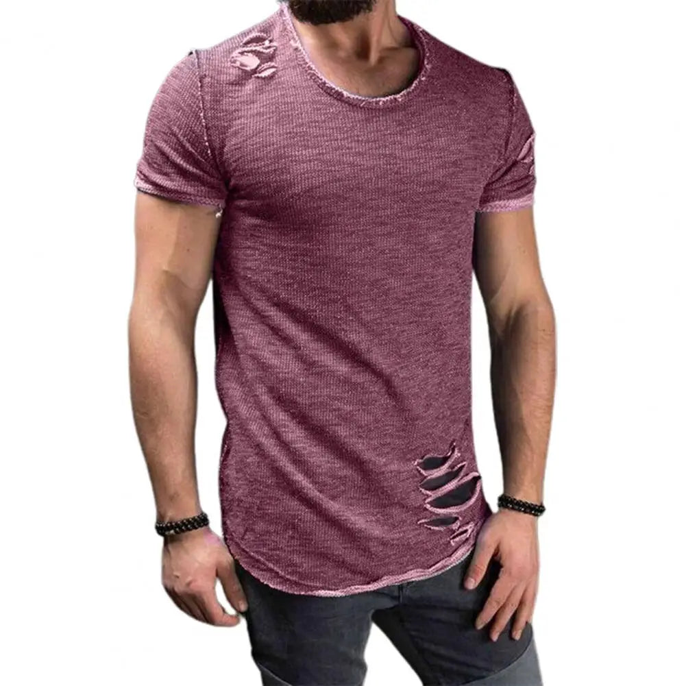 Cotton Blend Stylish Hole Design Top Pullover Cloth Men Shirt Solid Color Purple