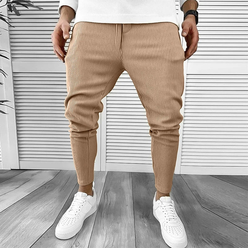 Streetwear Mens Pencil Pants Corduroy Ribbed Pure Color Slim Trouser Spring Vintage Classic Men Clothing Casual Drawstring Pants