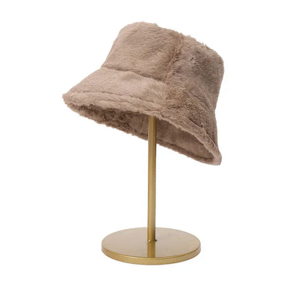 Winter Rabbit Plush Fisherman Hats Colorful Girl Fashion Bucket Hat Warm Windproof Cold-proof Wide Brim Lady Women Artist Cap camel