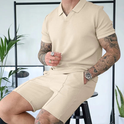 2024 Summer New Waffle V-neck Short sleeved Shorts Two piece Set with Polo Polo Set for Men