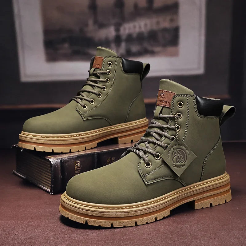 High Top Boots Men's Leather Shoes Fashion Green