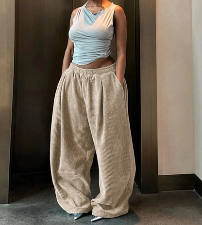 Y2K Casual Wide-Leg Pants Women Autumn Loose Simple Basic Pocket High Waist Trousers Corduroy Streetwear Long Bottoms