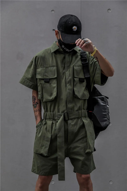 HOUZHOU Techwear Short Jumpsuit for Men Black Bodysuits Overalls Men Green Male Japanese Streetwear Summer Pockets Hip Hop