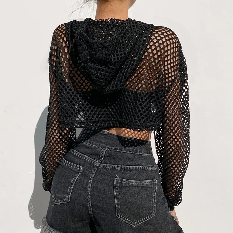 Street Style Fishnet Holes T Shirt See Through Hollow Out Hooded Full Sleeve Crop Top Women Casual Loose Shirt Smock Fall