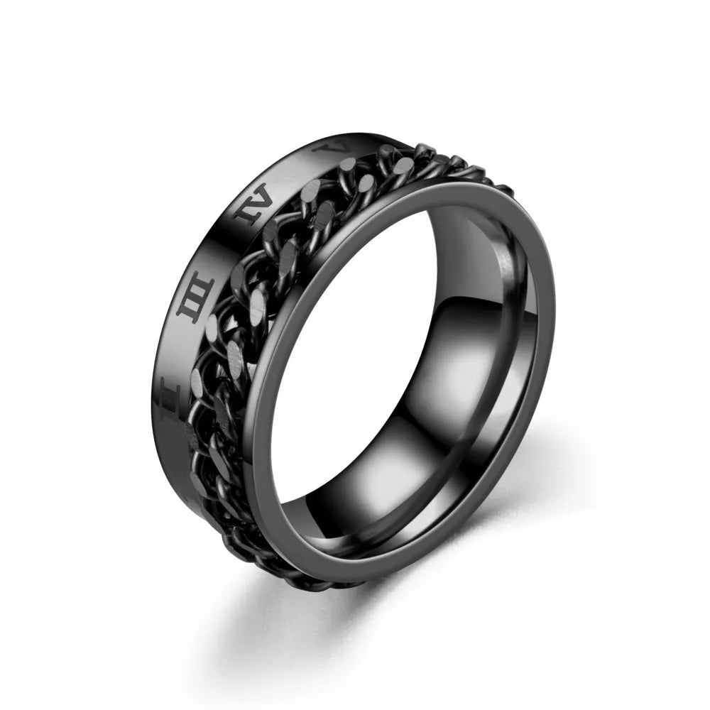 Roman Numerals Stainless Steel Chain Rotating Anxiety Black Rings For Men Fidget Metal Spinner Knuckle Ring Anillos De Hombre ring-black