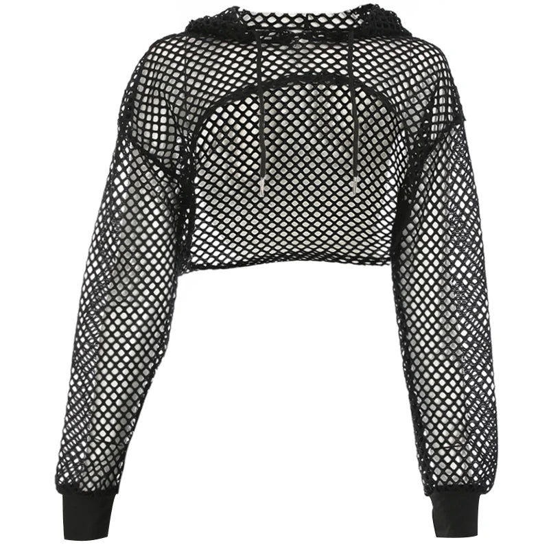 Street Style Fishnet Holes T Shirt See Through Hollow Out Hooded Full Sleeve Crop Top Women Casual Loose Shirt Smock Fall Black