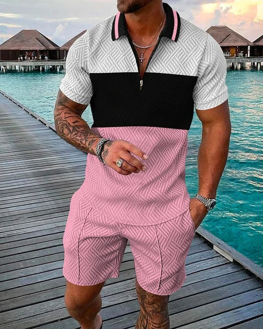 Men's Summer Tracksuit Sports Suit Men Set 3D Printed Casual Short Sleeve T Shirt Lapel Zip Polo Shirt Male Clothing Jogging 1215-Polo-51