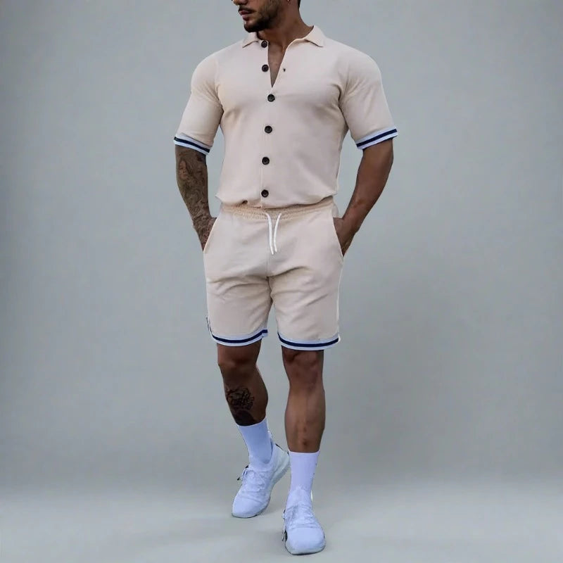 Popular Men's Summer Polo Cardigan Solid Short Sleeve Shorts Two Piece Casual Set Khaki