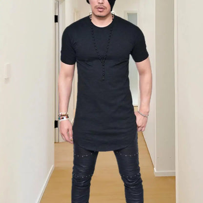 Men T-shirt Solid Color Round Neck Curved Hem