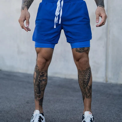 NEW 2 IN 1 Sport Running Casual Breathable Shorts Men Double-deck Jogging Quick Dry GYM Shorts Fitness Workout Men Shorts blue no logo