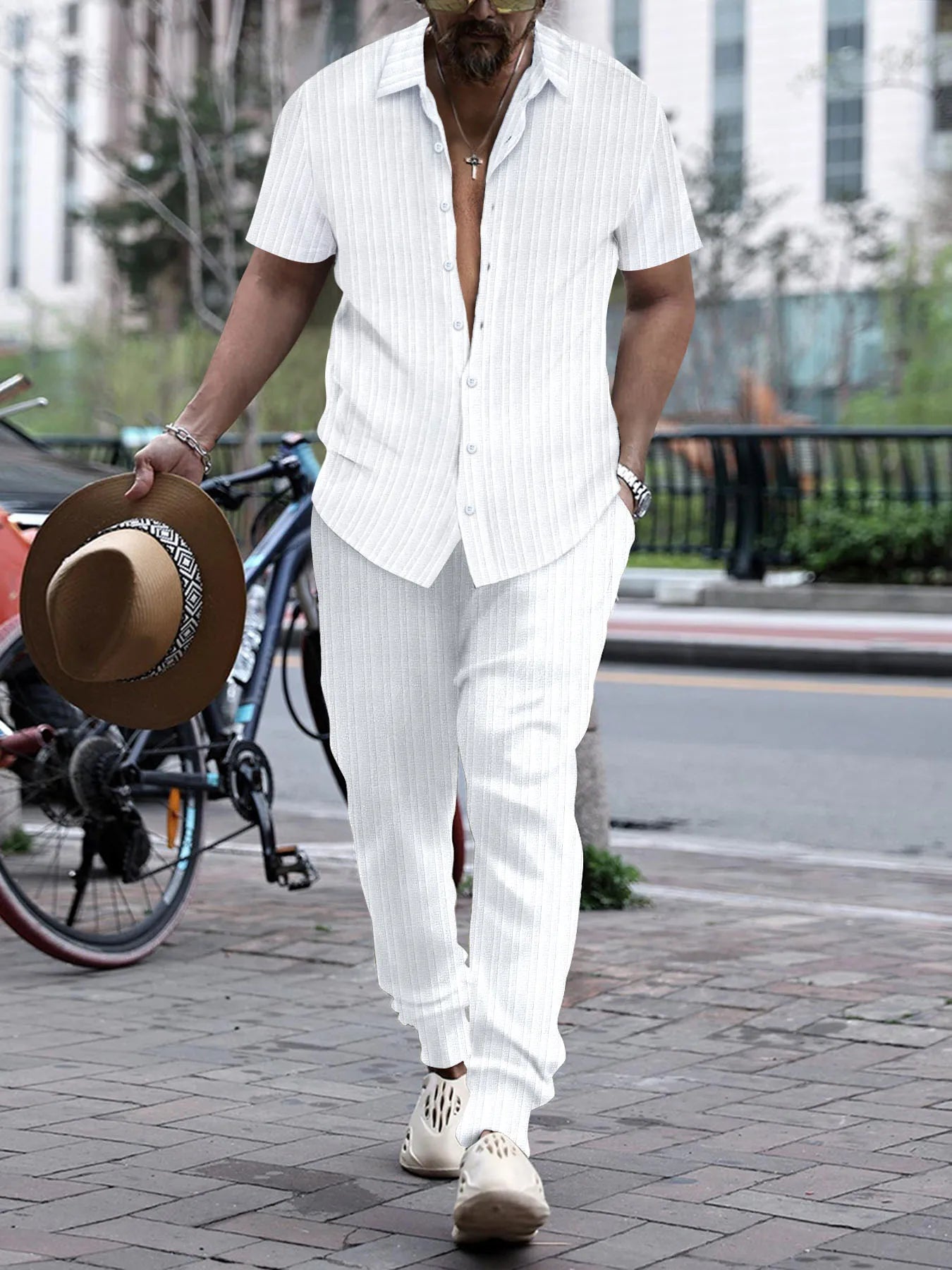 Summer Fashion Men's Sets Solid Color Stripe Streetwear Short Sleeve Shirt & Pants Two Pieces Sets Casual Suits S-3XL DXCK-White