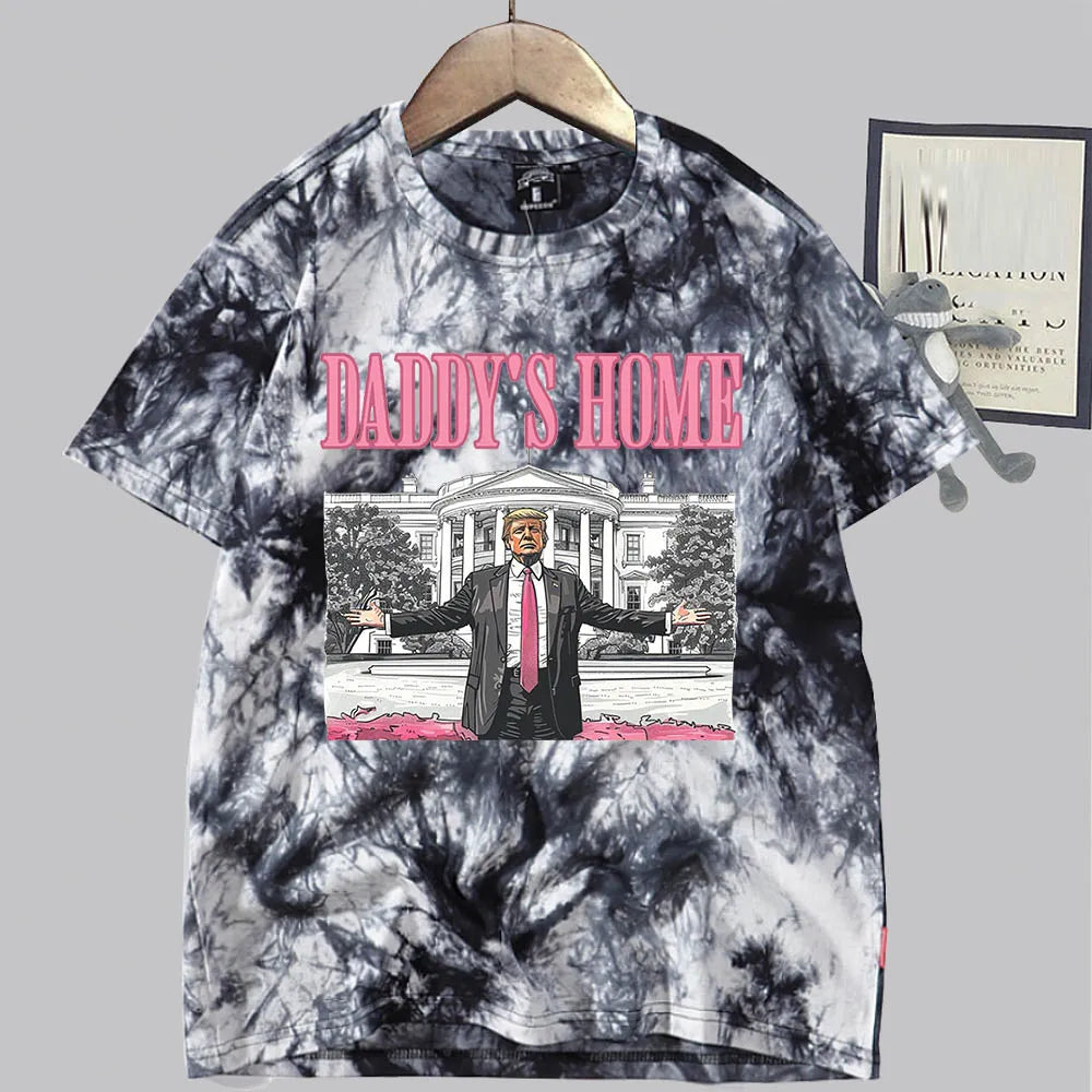 Daddy's Home President 2024 Tie Dye Tops Shirts Unisex Round Neck Short Sleeve Tee MAGA Gift white