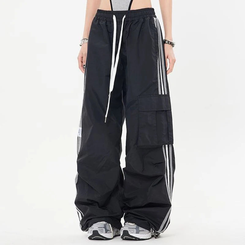 Y2K Kpop Cargo Pant Women Drawstring Pockets Wide Leg Chic Punk Pants Baggy Striped Sports Sweatpants Parachute Jogger Trousers