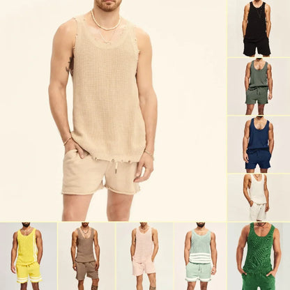 Men's Suit Two-piece Sets Knitted Sleeveless Tank Top Shorts Casual Sports Fashion Suit Streetwear Men's Fashion Tracksuit