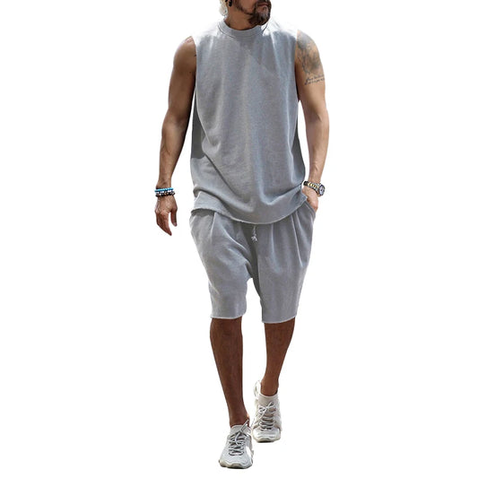 Summer New Sleeveless Sports Set Men's Casual Top Sleeveless Kam Shoulder Shorts Two piece Set for Men LightGray