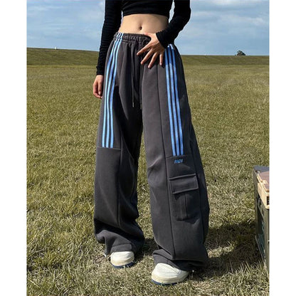 Oversized Striped Sweatpants Women Y2K Streetwear Cargo Pants Harajuku Wide Leg Joggers High Waist Baggy Sports Trousers