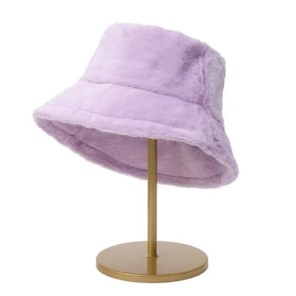 Winter Rabbit Plush Fisherman Hats Colorful Girl Fashion Bucket Hat Warm Windproof Cold-proof Wide Brim Lady Women Artist Cap purple