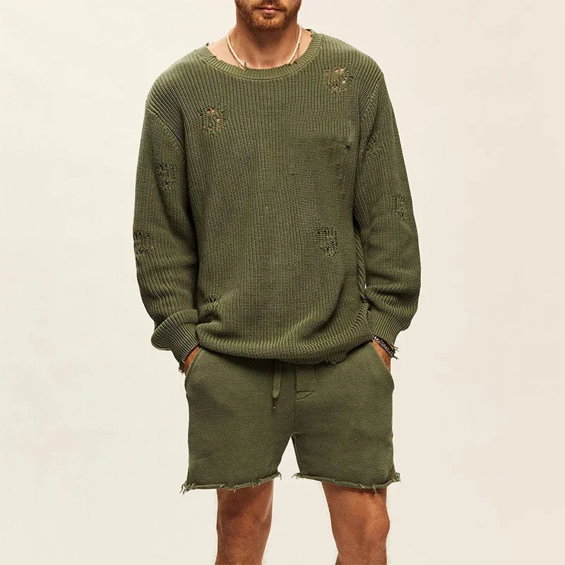 Casual Knitwear Men Two Piece Sets Long Sleeve O Neck Tops and Shorts Dark Green