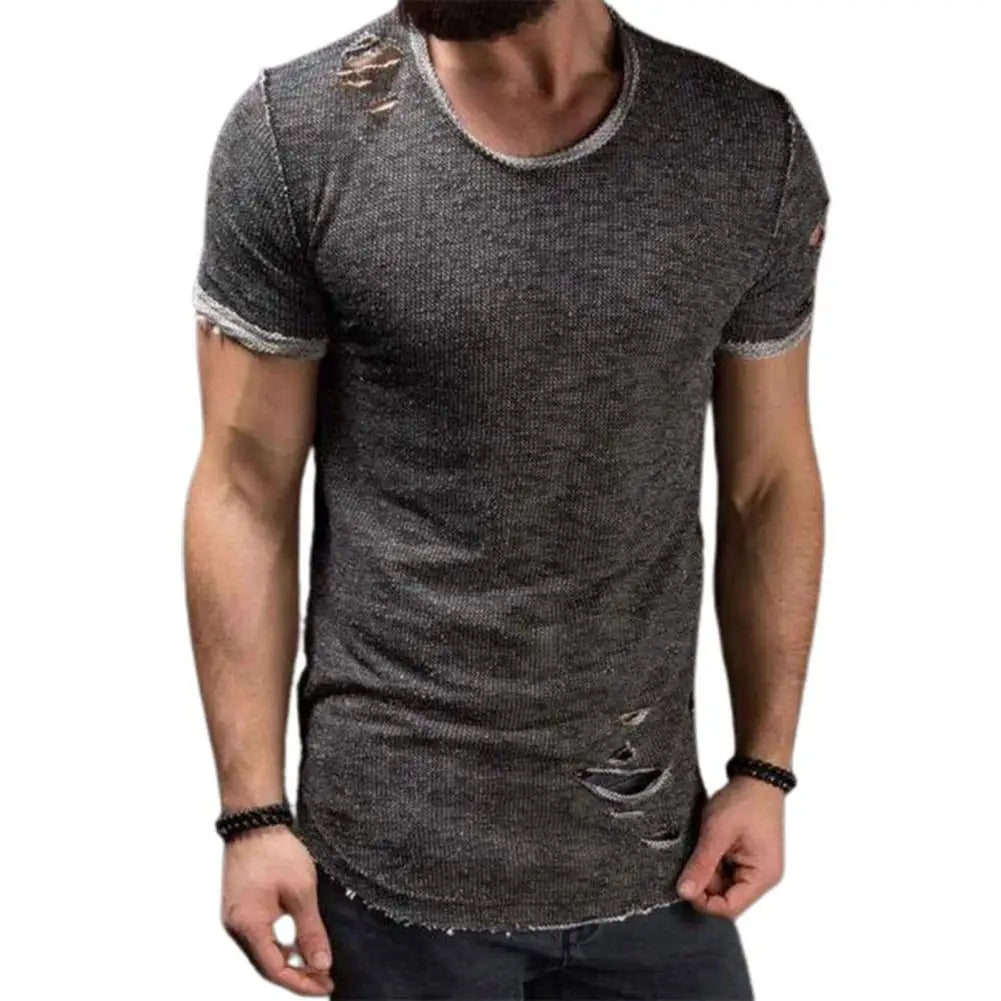 Cotton Blend Stylish Hole Design Top Pullover Cloth Men Shirt Solid Color Grey