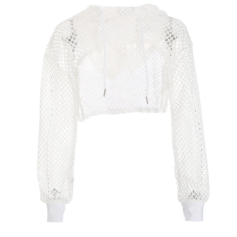 Street Style Fishnet Holes T Shirt See Through Hollow Out Hooded Full Sleeve Crop Top Women Casual Loose Shirt Smock Fall WHITE