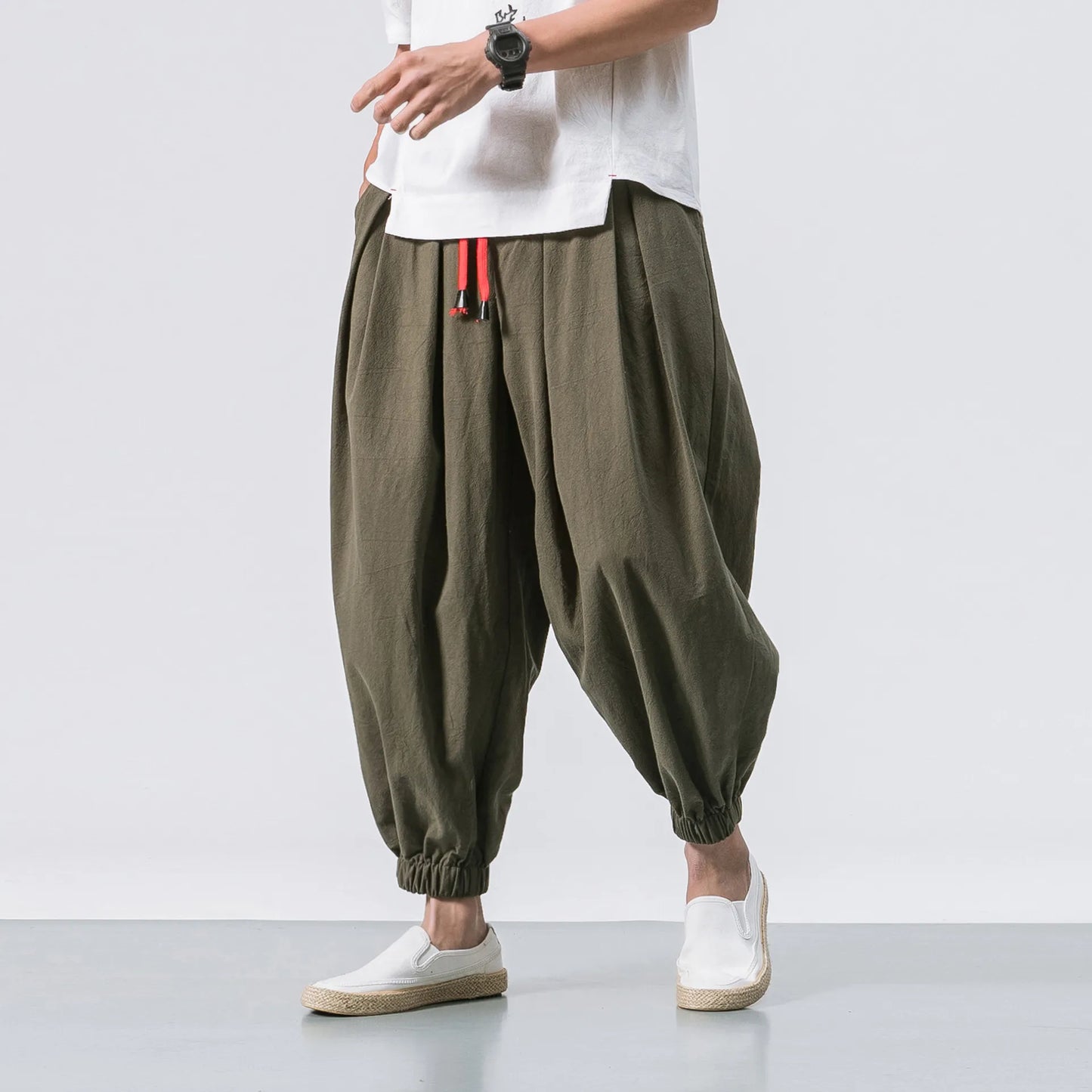 Men Loose Harem Trousers Amry Green