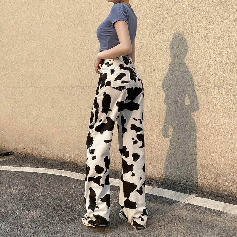 Black And White Contrast Cow Pattern Drape Straight-leg Pants