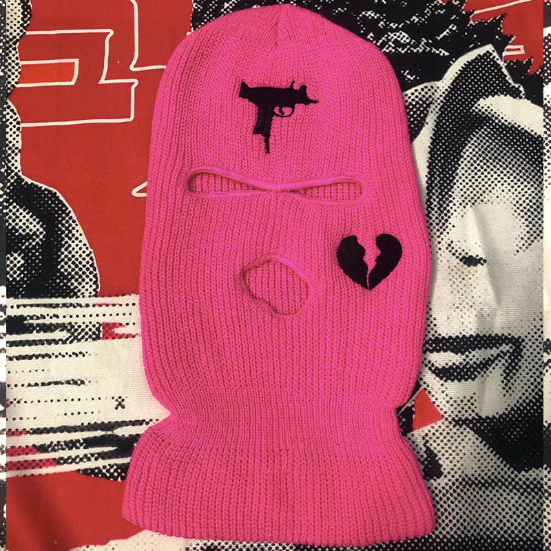 UZI Broken Heart Embroidered Acrylic Three-hole Ski Mask Rose Red One size