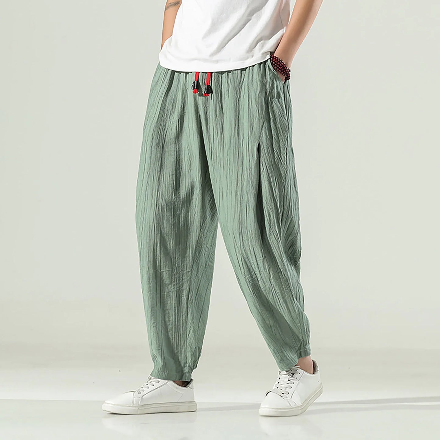 Kid A Harem Drop Crotch Pants Green-linen